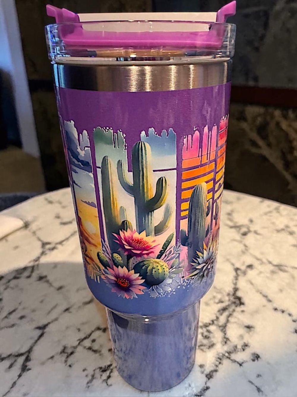 Purple Desert Cactus Travel Tumbler - Insulated Stemless Cup NEW IN BOX
